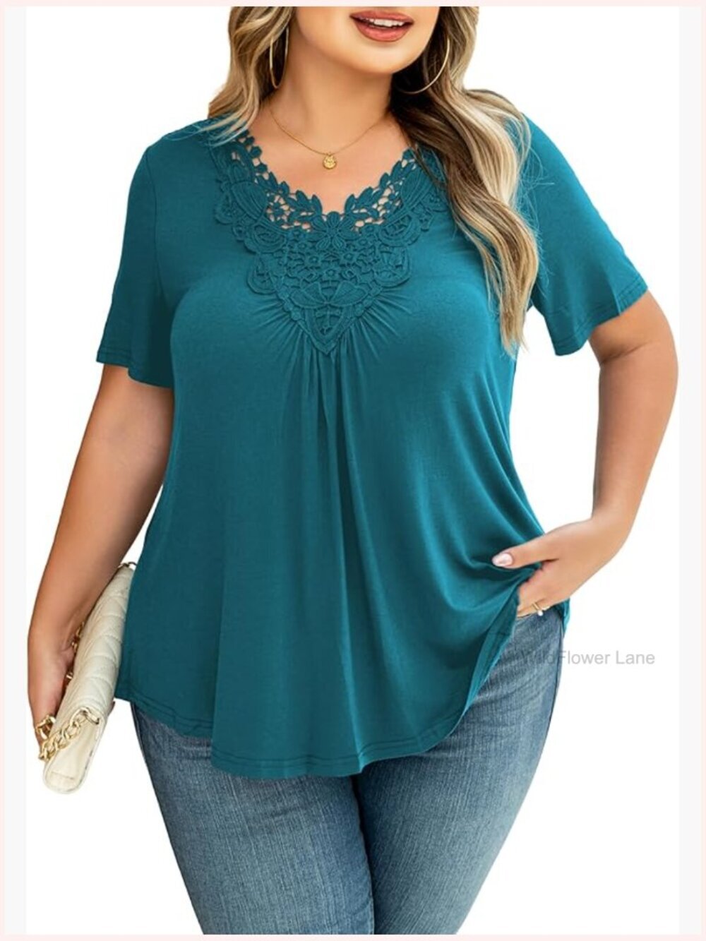 Plus Size Lace Crochet Tunic Top Short Sleeve V-Neck Blouse